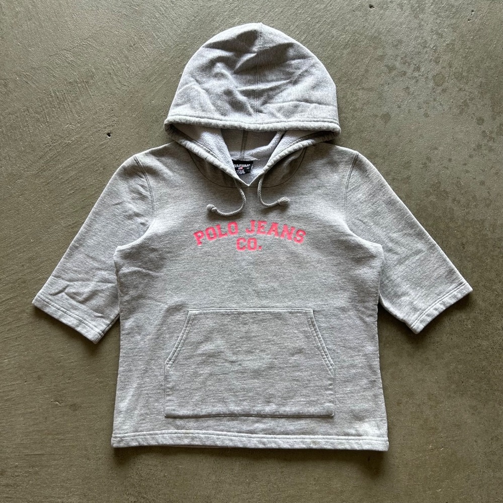 Vintage Polo Ralph Lauren Sweatshirt Womens Medium Gray Pink Short Sleeve Hoodie